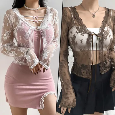 Women See Through Y2K Lace Mesh Shrug Cardigan Long Sleeve E-Girl Crop Top Coat • $11.97