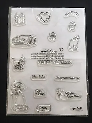 Mixed Clear Stamp Set - Sentiments Baby Wedding Car Cat Cake Birthday Etc • £2.99