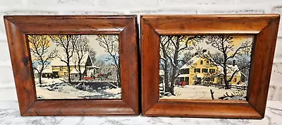 VTG Kay Dee Hand Prints Pair Linen Art Snowy Winter Yellow Farmhouse 9.5 X11.5  • $44.97