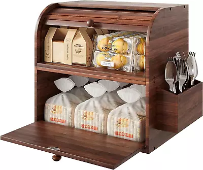 Bamboo Bread Box For Kitchen Counter Dobule Layer Roll Top Bread Storage Contain • $85.99