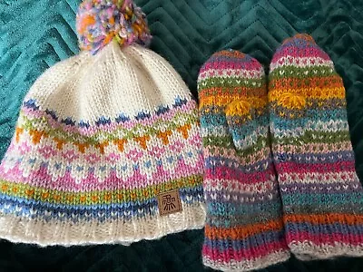 Pachamama Wool Mitten And Hat Hand Knit Gorgeous Colours Unused Fleece Lined  • £12