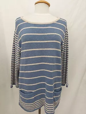 TWO DANES Size XL Blue White Stripe Nautical Cotton Mix Jumper With Pockets • £14.99