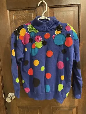 Vintage IB Diffusion Sweater Womens M Medium Blue Multicolor Polka Dot Sequin • $21