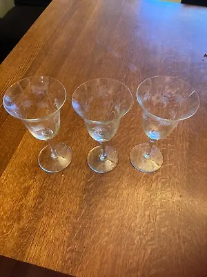 Vintage Etched Crystal Wine/Water Glasses Set Of 3 Unknown Maker • $15.95