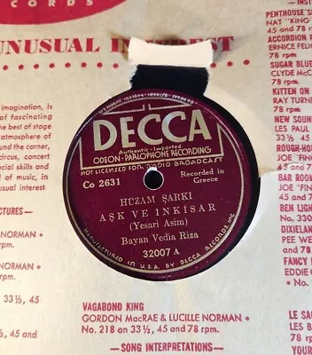 Bayan Vedia Riza Giz/Huseyni Şarki 78rpm 10 /Single Decca 32007 Turkish (G+) • $26.21