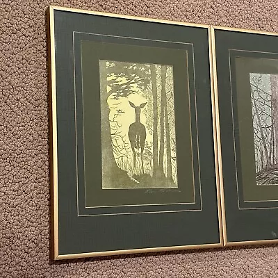 Original Gwen Frostic Woodblock Print Gold Pair Deer Landscape Brass Frame • $99.99