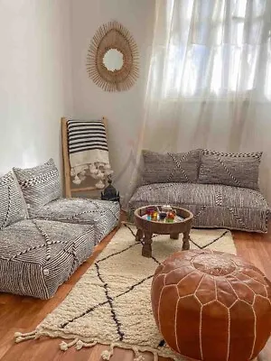 Moroccan Handmade Floor Couch - Unstuffed Wool White Sofa Covers + Pillow Cases • $380