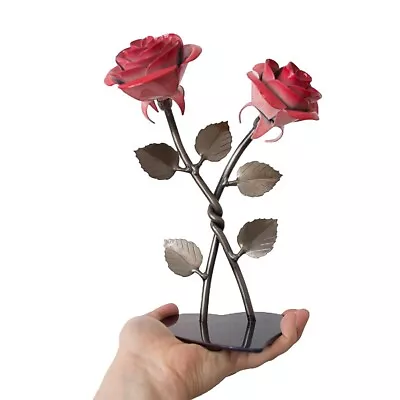 Hand-Forged Double Red Metal Rose With Twist - Iron Anniversary Gift • $54.68