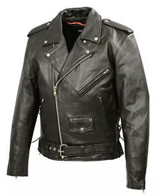 Mens Classic Side Laces Police Style Premium Cowhide Motorcycle Leather Jacket  • $99.99