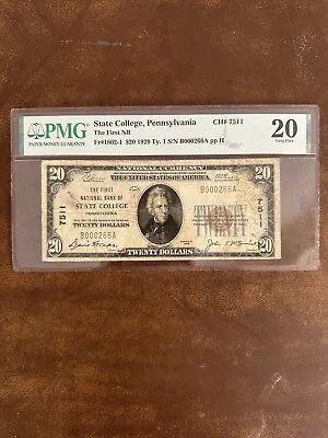 1929 $20 The First National Bank Of State College Pa Charter 7511 PMG 20 Stains • $225