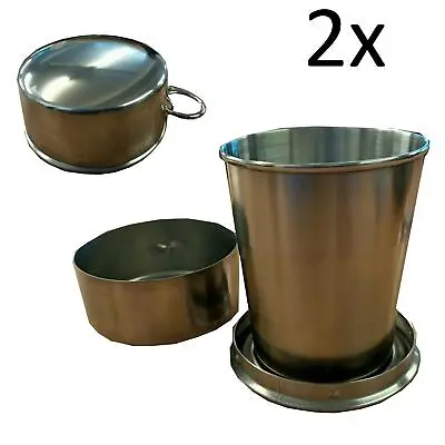 2 X STAINLESS STEEL FOLDING COLLAPSIBLE CUPS 250ml Camping Portable Travel Cup • £7.09