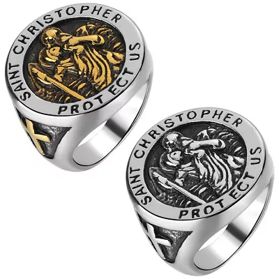 Mens Gold Plated Stainless Steel Saint Christopher Protect US Cross Ring Band • $10.99