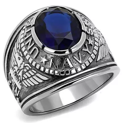 United States Navy USA USN Stainless Steel Veteran Blue CZ  Ring US Seller • $14.79
