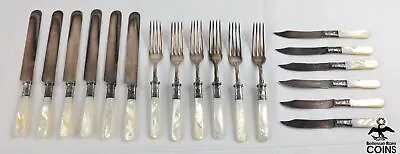 Set Of 18: Mother Of Pearl & Sterling Silver Handle Steel Blade Knives & Forks • $0.99