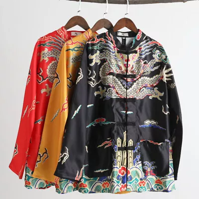 Men Chinese Faux Silk Satin Tang Suit Jacket Coat Chinese Dragon Clothes Ethnic • £44.35