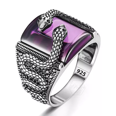 925 Sterling Silver Purple Amethyst Snake Design Men's Ring • $44.90