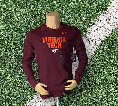 Nike NCAA Virginia Tech Mens LS Cotton Dri Fit Purple Tee Shirt Size Large New • $29.90