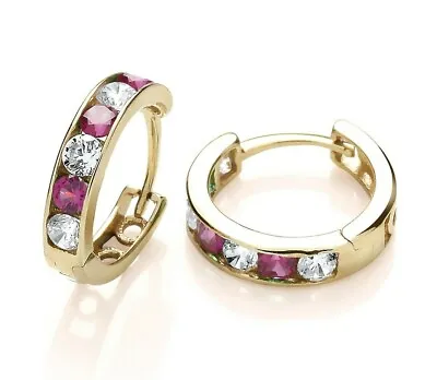 9ct Yellow Gold Ruby & Cz Huggie Hoop Earrings - Solid 9K Gold • £59.95