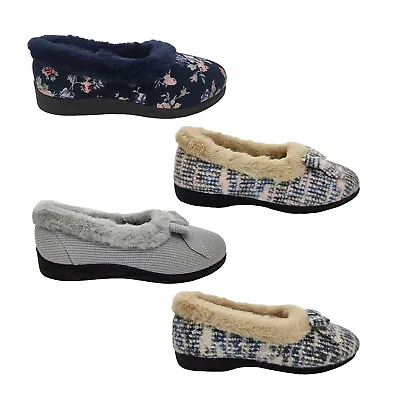 Panda Electra Ladies Slippers Slip On Cosy Furry Trim Bow Front Comfy Sole • $39.95