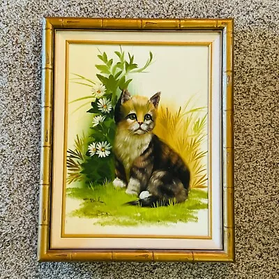 Vintage Signed Framed Cat Kitten Painting Asian Bamboo Style • $99.95