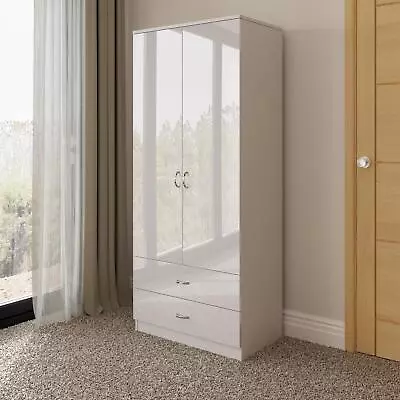 White Gloss Combination 2 Door 2 Drawer Wardrobe Bedroom Furniture Matt Frame • £179.99