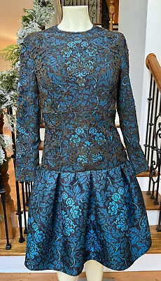 Mary Katrantzou Silk Dress Sz 4 Blue/Brown Floral Print Lace Detail • $260