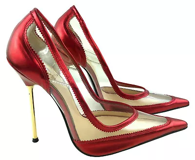 Cq Pumps Court Shoes Crystal Transparent Sexy PVC Leather Gold Metal Heels Red • $707.12