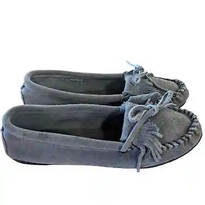 Minnetonka Kilty Hardsole Moccasins Gray Suede Size 8 • $23.99