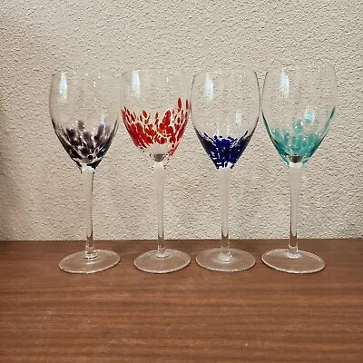 Pier 1 Set Or 4 Confetti Dots Wine Glass 9  Teal Red Purple Blue Hand Blown • $67.49