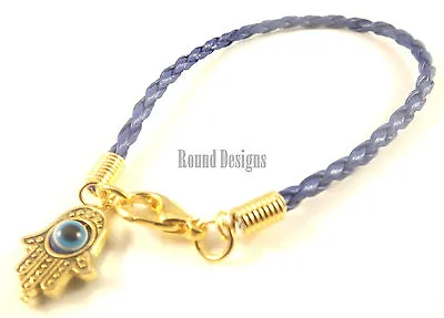 Hamsa Blue Leather Bracelet Evil Eye Kabbalah Gold Hand Of Fatima Charm New • £2.79