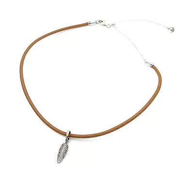 PANDORA Tan Leather Choker Necklace With Feather Pendant 397197CGT-38 • £29