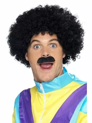 Mens Tight Fro Wig 80s Black Hair Afro Mustache Halloween 70s Disco Adult NEW • $15.99