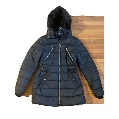 $59.99 • Buy Zara Black Gold Puffer Coat Zip Off Hood Fur M Trf Mid Jacket