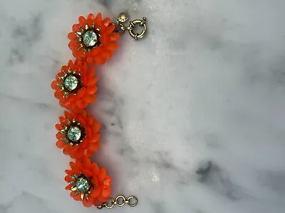 J Crew Bright Orange Crystal Gold Zinnia Floral Flower Bracelet Pre-Owned • $18