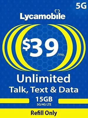 Lycamobile 4G/5G Prepaid $39 Plan Refill Top Up | Recharge | 30 Days Refill Plan • $37