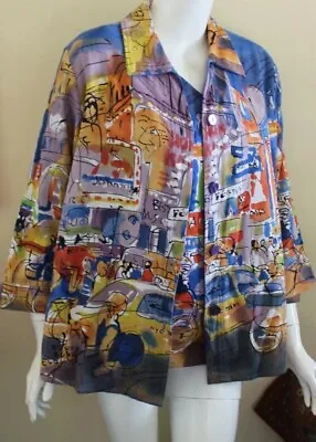 NWT Michael Leu Sz L Impressionist NYC Time's Square Art Jacket Shirt Top Lux • $111