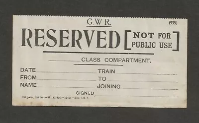 £1.25 • Buy Great Western Railway Reserved Compartment Label 1924