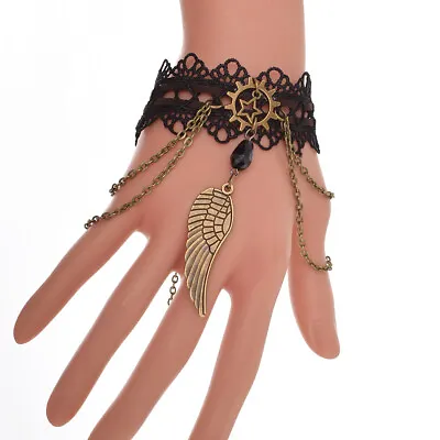 VTG Gothic Victorian Steampunk Gear Wing Black Lace Bracelet Costume Wrist Cuff • £5.99