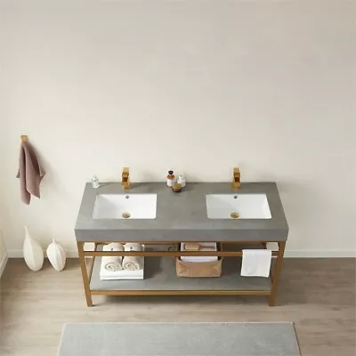 Funes 60  Double Sink Bathroom Vanity In Brushed Gold Frame Gray Top No Mirror • $1018.76