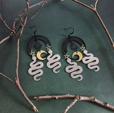 $2.93 • Buy Snake Earrings With Sun And Moon And Stars, Occult Witchy Goddess Snake Gift