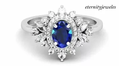 Floral Engagement Wedding Ring Real Blue Sapphire 2CT Oval Cut 14K White Gold FN • $229.88