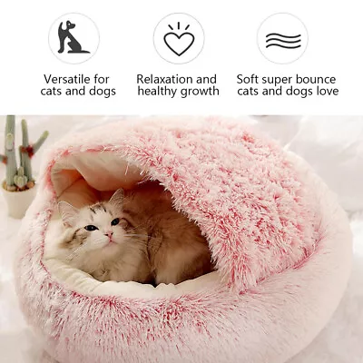 40/50/60cm Round Plush Fluffy Hooded Cat Bed Donut Pet Dog Cat Bed Cave • £10.95