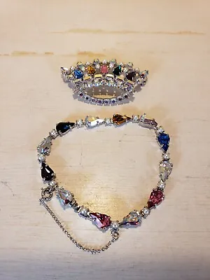 Vintage B. David Multicolor Crystal Bracelet And Crown Brooch Set • $49