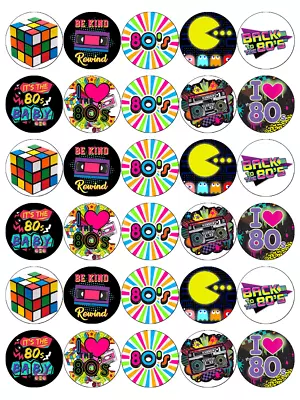 30x 80's Theme Retro Party Cupcake Toppers Edible Wafer Paper Fairy Toppers • £2.59