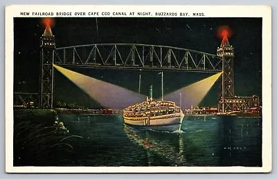 C1930 Railroad Lift Bridge Over Cape Cod Canal Buzzards Bay Night MA Postcard • $9.50