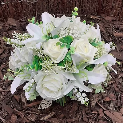 Artificial Wedding Flowers Ivory Lily & Rose Brides Wedding Posy Bouquet Package • £6.49