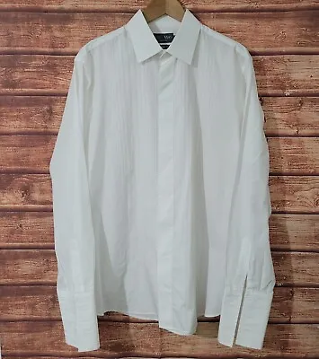 Mens M&S Dress Shirt White Neck 16.5 Fly Front Long Sleeved French Cuff Formal • £13.90