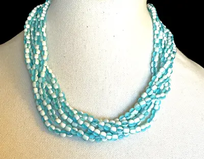 Vintage Bead Necklace Blue White Multi Strand Decorative Clasp Small Beads • $24