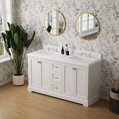 60  Wood Bathroom Vanity Marble Countertop Dual Sink Vanity Door Cabinet White • $1525.99