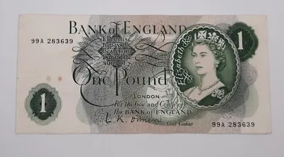 1960 - Bank Of ENGLAND - £1 (One) British Pound Banknote Serial No. 99A 283639 • £8.99